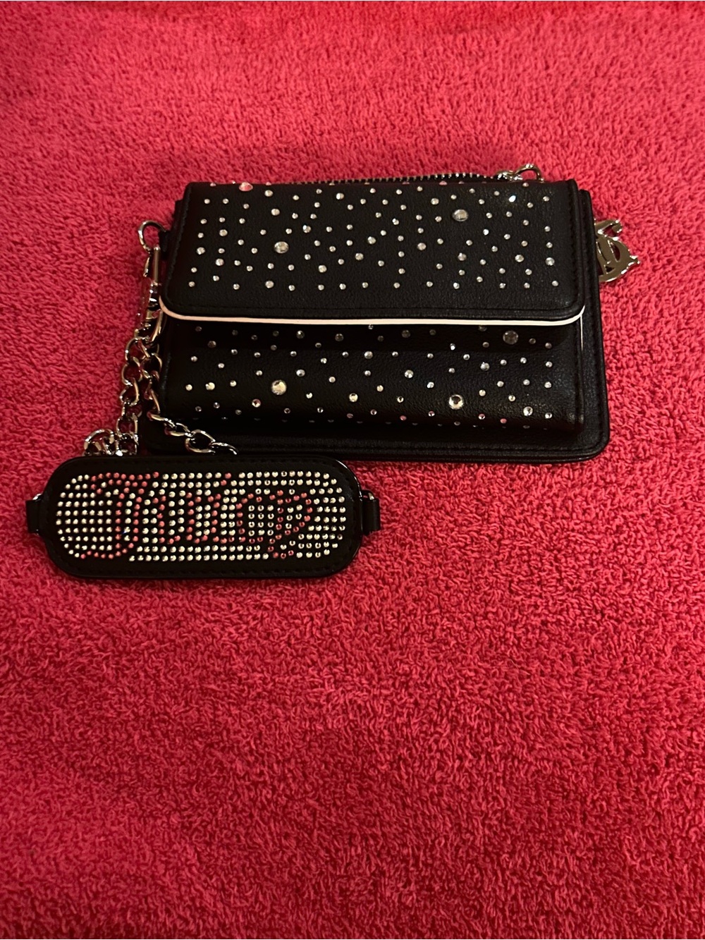 Juicy Couture Black Studded Wallet with Chain and Crystal Logo Charm